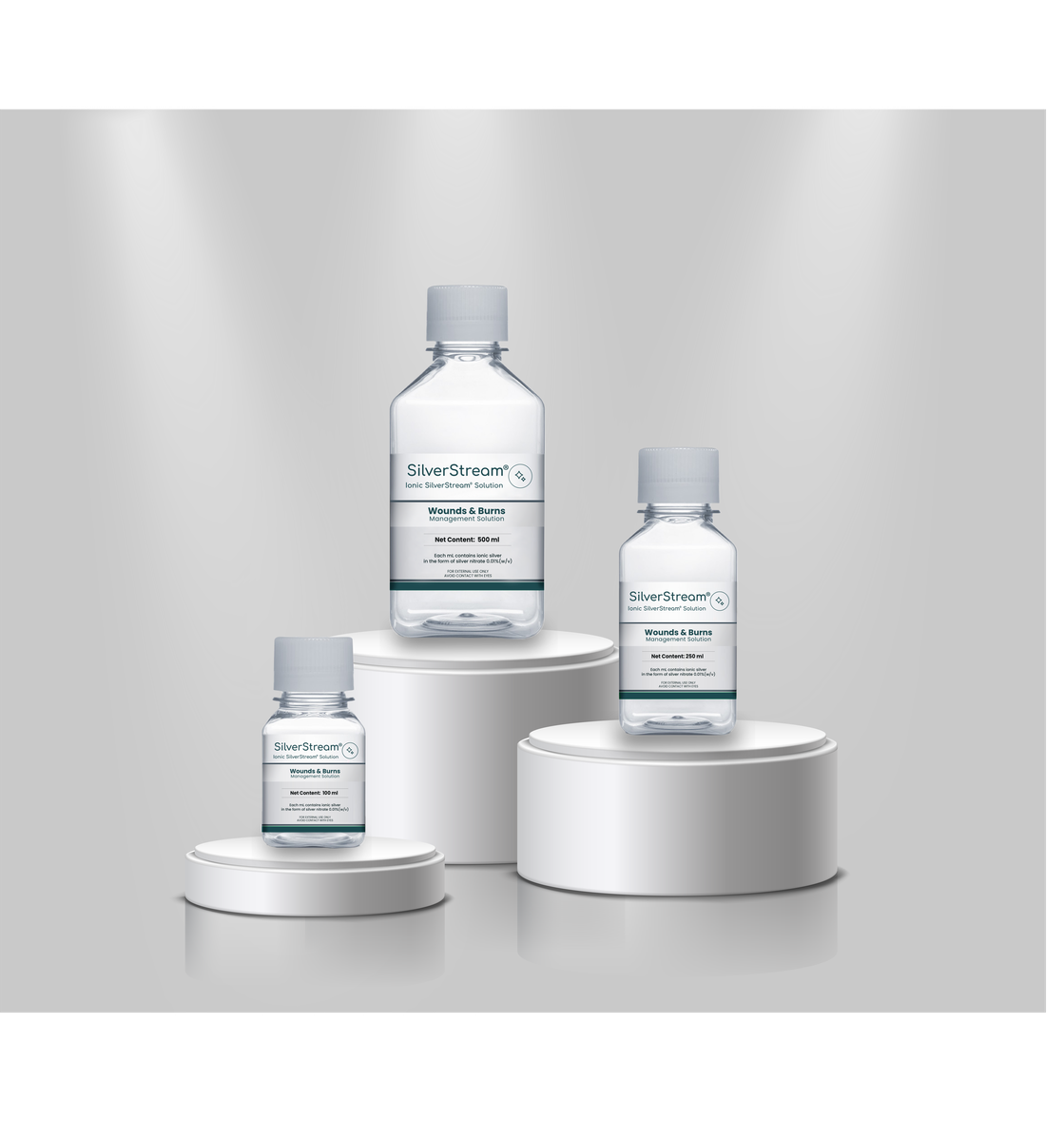 Botellas SilverStream Solution de 100, 250 y 500 mL.